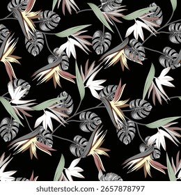 Vector sin fisuras hermoso patrón tropical oscuro artístico con bosque exótico original elegante impresión de fondo floral, exótico en negro