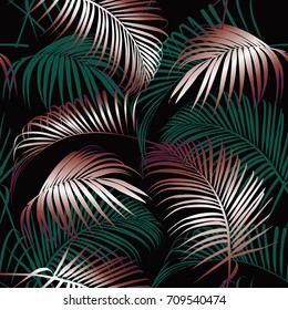 vector seamless beautiful artistic dark tropical pattern with exotic forest. Colorful original stylish leaves background print,dark leaves on black.