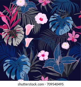 Vector Seamless Beautiful Artistic Dark Tropical Pattern With Exotic Forest. Colorful Original Stylish Floral Background Print, Bright Rainbow Flower On Navy Blue.