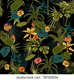 Vector Seamless Beautiful Artistic Dark Tropical Pattern With Exotic Forest. Colorful Original Stylish Floral Background Print, Bright Rainbow Colors On Black