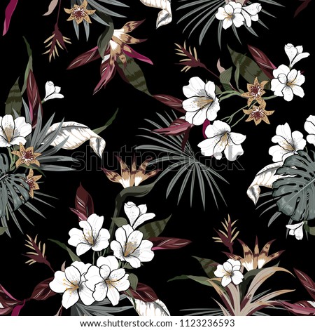 Vector seamless beautiful artistic dark tropical pattern with exotic forest original stylish floral background print, exotic on black
