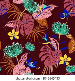 vector seamless beautiful artistic darkt tropical pattern with exotic forest. Colorful original stylish floral background print, bright rainbow flower on stylish dark maroon color
