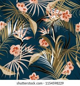 vector seamless beautiful artistic darkt tropical pattern with exotic forest. Colorful original stylish floral background print, bright flower on navy blue.