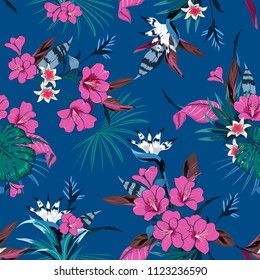 Vector seamless beautiful artistic fresh pink tropical flowers pattern with exotic forest original stylish floral background print, on dark blue 