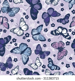 vector seamless beautiful artistic gentle flying butterflies with minimalistic flowers pattern. spring summer time. nature in bloom.