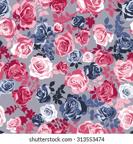 vector seamless beautiful artistic gentle romantic roses flower pattern. spring summer holidays, garden, realstic floral background, roses leaves.