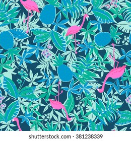 vector seamless beautiful artistic graphical tropical pattern, colorful summer rain forest nature, philodendron, split leaf, banana leaf, fern frond, flamingo bird, pineapple fruit, stylish tropics