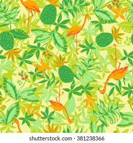 vector seamless beautiful artistic graphical tropical pattern, colorful summer rain forest nature, philodendron, split leaf, banana leaf, fern frond, flamingo bird, pineapple fruit, stylish tropics