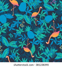 vector seamless beautiful artistic graphical tropical pattern, colorful summer rain forest nature, philodendron, split leaf, banana leaf, fern frond, flamingo bird, pineapple fruit, stylish tropics