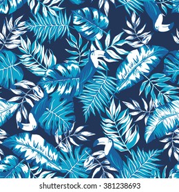 vector seamless beautiful artistic graphical tropical pattern, colorful summer rain forest nature, philodendron split leaf, banana leaf, fern frond, toucan bird, stylish active tropic background print