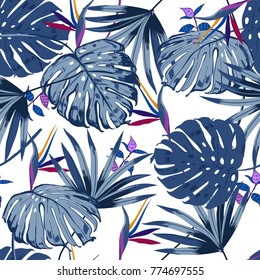  vector seamless beautiful artistic monotone blue tropical leaves pattern with exotic forest. Colorful original stylish floral background print, bright  colors on white.