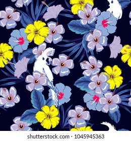 Vector seamless beautiful artistic summer dark tropical pattern with exotic forest. Bright and Colorful original stylish floral background print, bright forest flower on navy blue background.