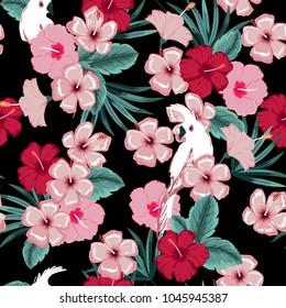 Vector seamless beautiful artistic summer dark tropical pattern with exotic forest. Bright and Colorful original stylish floral background print, bright forest flower on black background.