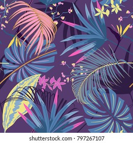 vector seamless beautiful artistic summer pastale bright tropical pattern with exotic forest. Colorful cute original stylish floral background print, bright rainbow colors onsweet purple.