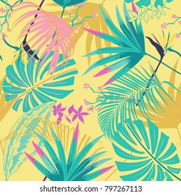 vector seamless beautiful artistic summer pastale bright tropical pattern with exotic forest. Colorful cute original stylish floral background print, bright rainbow colors on sweet candy colors