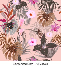 vector seamless beautiful artistic sweet tropical pattern with exotic forest. Colorful original stylish floral background print, bright rainbow flower on nude pink.