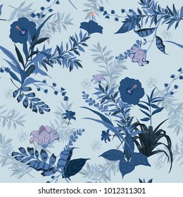 vector seamless beautiful artistic  tropical pattern with exotic forest.monotone blue original stylish floral background print