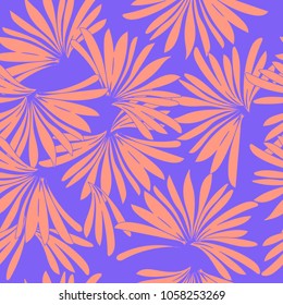 Vector seamless beautiful artistic tropical pattern with exotic forest. Colorful original stylish floral background print, bright peach colors on lilac background.
