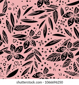 vector seamless beautiful artistic tropical pattern with tropical leaf, summer beach fun, black and white original stylish floral background print