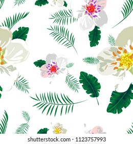 vector seamless beautiful artistic tropical pattern with exotic forest. Colorful original stylish floral print background, bright colors on white background. flowers