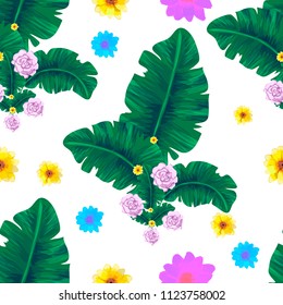 vector seamless beautiful artistic tropical pattern with exotic forest. Colorful original stylish floral print background, bright colors on white background. white background