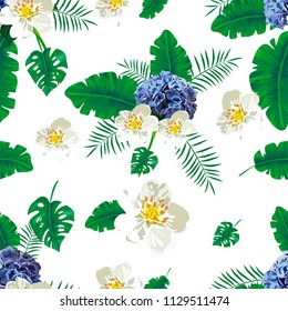 vector seamless beautiful artistic tropical pattern with exotic forest. Colorful original stylish floral print background, bright colors on white background. flowers