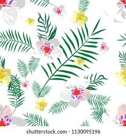 vector seamless beautiful artistic tropical pattern with exotic forest. Colorful original stylish floral print background, bright colors on white background. flowers