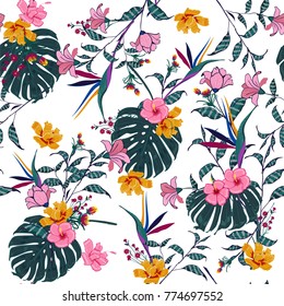 vector seamless beautiful artistic tropical pattern with exotic forest. Colorful original stylish floral background print, bright rainbow flower on white