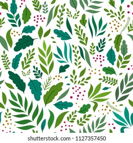 vector seamless beautiful artistic vivid forest pattern. Stylish colorful floral print background, bright colors of the rainbow on white, Scandinavian style.