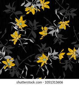 Vector seamless beautiful artistic yellow  Blooming flowers pattern Dark botanic garden with texture. Line original stylish floral background print, bright colors on black