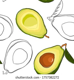 Vector seamless beautiful avocado pattern on for textile design. Bright and tasty fruits for textile design. Food ornament 