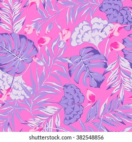 vector seamless beautiful bright colorful tropical pattern with flowers, philodendron, split leaf, leaves, leaf, rain forest nature, flora modern stylish active summer mood background print