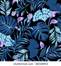 vector seamless beautiful bright colorful tropical pattern with flowers, philodendron, split leaf, leaves, leaf, rain forest nature, flora modern stylish active summer mood background print