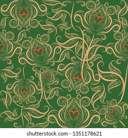  Vector seamless beautiful elegant floristic vintage royal romantic pattern of stylized golden flowers with red 
hearts on a green background for wallpaper, textiles, cards, dishes