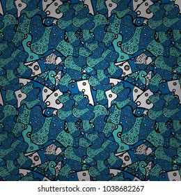 Vector. Seamless Beautiful fabric pattern. Doodles blue, black and white on colors.