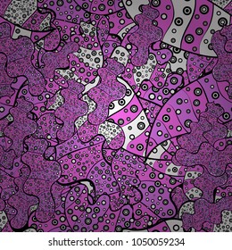 Vector. Seamless Beautiful fabric pattern. Doodles black, violet and pink on colors.