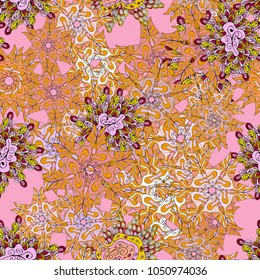 Vector. Seamless Beautiful fabric pattern. Doodles yellow, pink and neutral on colors.
