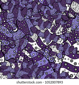 Vector. Seamless Beautiful fabric pattern. Doodles violet, black and white on colors.