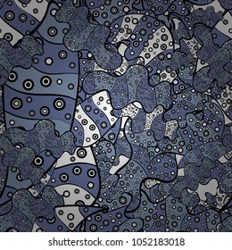 Vector. Seamless Beautiful fabric pattern. Doodles blue, black and white on colors.