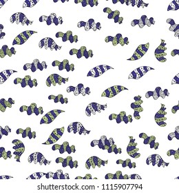 Vector. Seamless Beautiful fabric pattern. Doodles white, black and blue on colors.