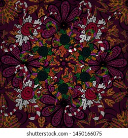 Vector. Seamless Beautiful fabric pattern. Doodles orange, black and purple on colors.