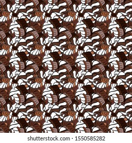 Vector. Seamless Beautiful fabric pattern. Doodles black, brown and white on colors.