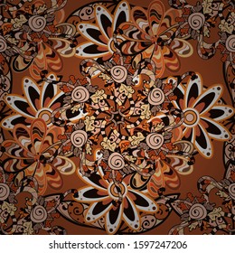 Vector. Seamless Beautiful fabric pattern. Doodles beige, black and orange on colors.