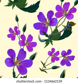 Vector seamless beautiful floral pattern on a yellow background blue and violet wildflowers
