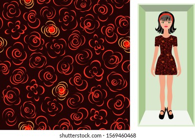 Vector seamless beautiful floral pattern for women’s fabric, wrapping, scarf, hijab. Cartoon brunette doll in a cardboard box in a dress with bright red stylized creative roses on a black background