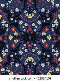vector seamless beautiful gentle symmetrical romantic floral fractal foliage pattern with little flowers, cornflower, lily, daisy, leaves. exquisite background allover print in Art Nouveau style