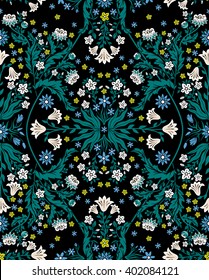 vector seamless beautiful gentle symmetrical romantic floral fractal foliage pattern with little flowers, cornflower, lily, daisy, leaves. exquisite background allover print in Art Nouveau style