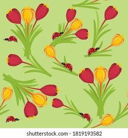 Vector seamless, beautiful pattern. Bouquets of tulips and Coccinellidae beetles. Great design for any purpose.