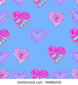 Vector seamless beautiful pattern with colorful hearts on blue background. St.Valentine's Day pattern. Heart pattern. Very bright pink hearts.