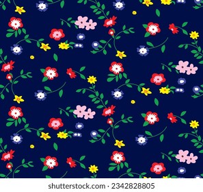 vector seamless beautiful pattern of minimal flowers and leaf on navy blue background 